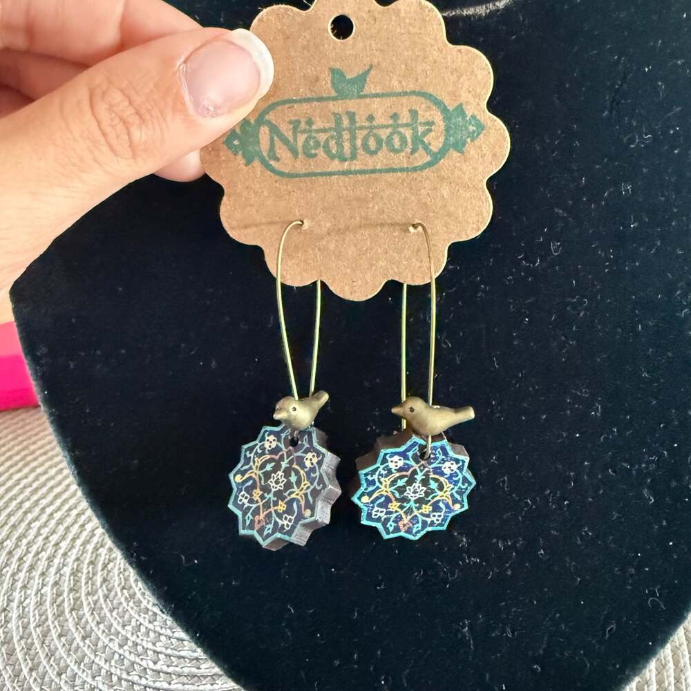 Nedlook Sahar Persian Tile Star Wooden Dangle Earrings with Little Birds